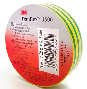 3M Temflex 1500 Ізоляційна стрічка ПВХ жовто-зелена, 19мм*20м